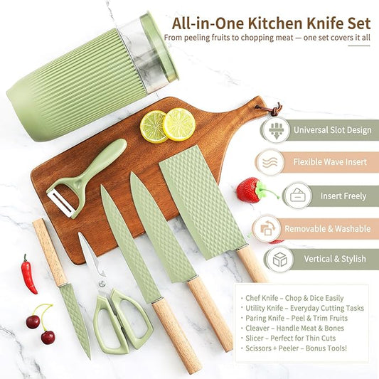Knife Set, 7-Piece Kitchen Knife Set with Sharp Chef and Meat Knives, Anti-Rust Utility Knives Set for Kitchen, Kitchen Knife Block Set (Green)