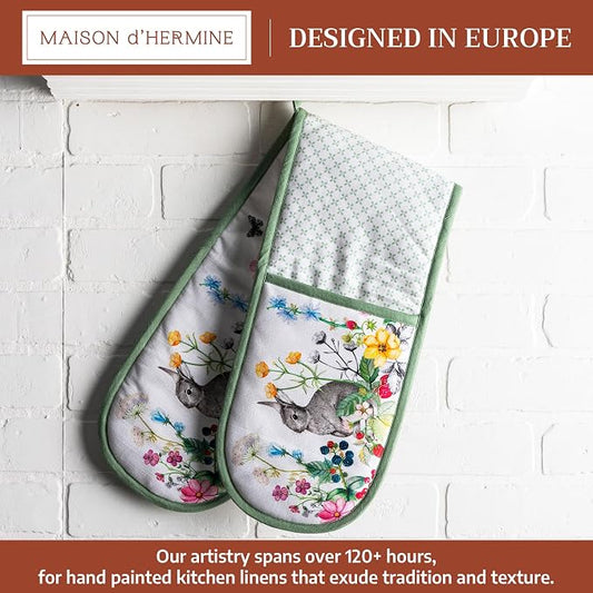 Maison d' Hermine Double Oven Mitts 100% Cotton Double Oven Glove (7"x35") | Heat Resistant BBQ Cooking Gloves with Loop Baking Grilling Kitchen Hotel Home Farmhouse Spring Summer - Printemps