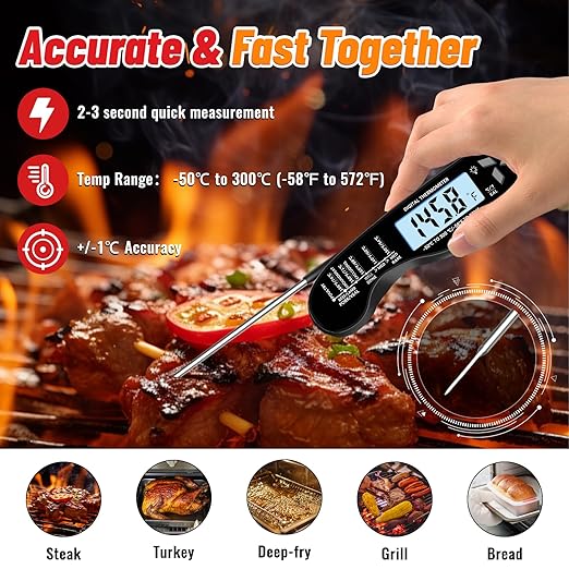 Meat Thermometer, IP67 Waterproof Digital Meat Thermometer with Backlight, Hold Function & Magnet for Grill, BBQ, Candy, Beef,Turkey,Gadgets Essentials BBQ Accessories,Mens Stocking Stuffers