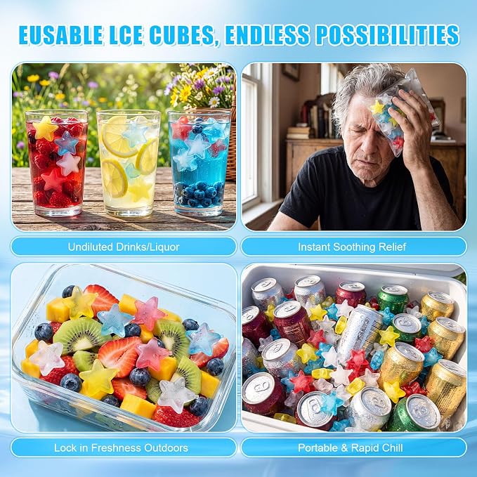 320 Pcs 10lb Reusable Ice Cubes for Drinks Plastic Ice Cube Refreezable Without Diluting Frozen to Keep Drink Cool Longer for Coffee Cocktails Whiskey Wine Bar Party Camping (Star,Colorful)
