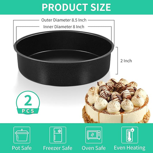 P&P CHEF Non-stick Cake Pan Set of 2, 8 Inch Round Baking Cake Pans Tins for Tier Smash Cakes, Non-Toxic & Solid, Stainless Steel Core & Leak-Proof, 2Pcs