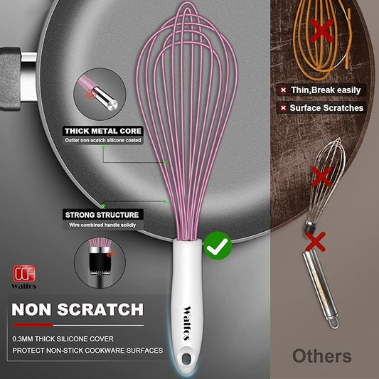 Walfos Whisk, Silicone Whisks for Cooking & Baking Non Scratch Rubber Coated Pink Whisk for Non-stick Wisk, Perfect for Frothing, Blending, Beating and Whisking (3pack Pink)