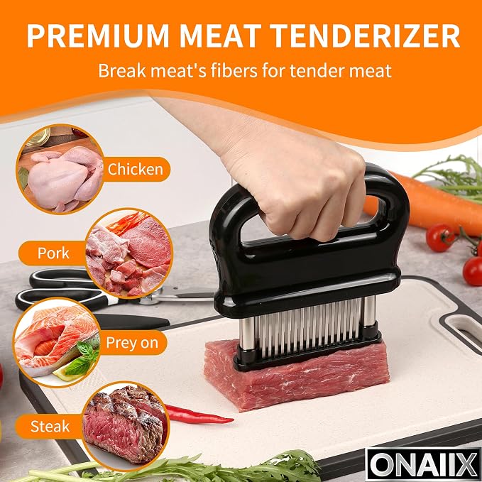 Chicken Shredder Tool Twist Large bundle with 48 Sharp Needle blade Meat Tenderizer, Kitchen Scissors, Brush (4 Items) - Heavy Duty Stainless Steel, Ergonomic, Anti-Slip, Dishwasher Safe & BPA Free