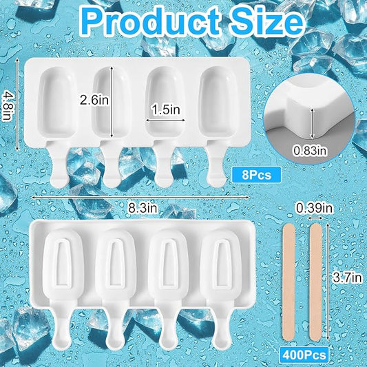 8 Set Small Silicone Popsicle Molds Ice Cream Mould, 4 Cavity Oval Cake Pop Mold with 400 Wooden Sticks for DIY Frozen Treats, White
