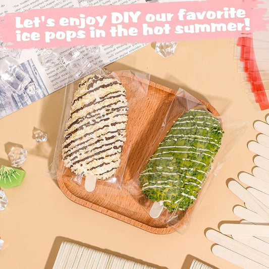 Ozera 200 Pcs Ice Pop Bags and Popsicle Sticks, Cakesicle Bags with Sticks | Clear Self-adhesive Cake Pop Bag, Candy, Chocolate Cookie, Family Gathering Party