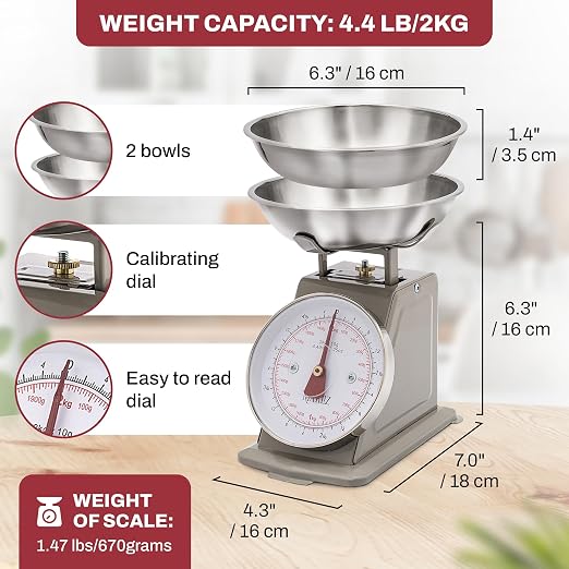 MARLIZ Small Retro Kitchen Scale 4.4Lb/2Kg with 2 Bowls White |Mechanical dial Scale| Vintage | Pesa para alimentos| bascula de cocina|Bakers Scale