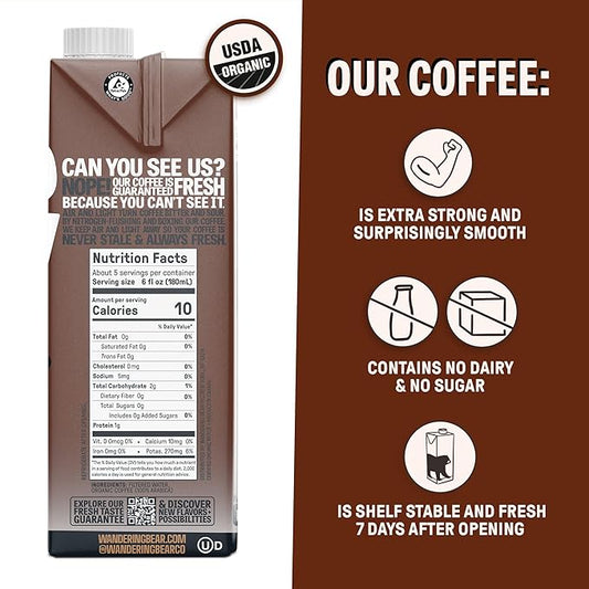 Wandering Bear Espresso Roast Organic Cold Brew Coffee - Extra Strong Bold, Smooth, No Sugar Added, Shelf-Stable, Ready to Drink, 100% Organic Iced Cold Brewed Coffee Drink - 32 fl oz, 3 pack
