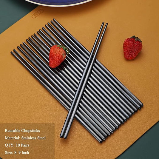 10 Pairs Reusable Chopsticks, Titanium Black Plating Stainless Steel Metal Chop Sticks, Japanese Chinese Korean Chopstick Dishwasher Safe, 8.9 Inch (Black / Chop sticks)