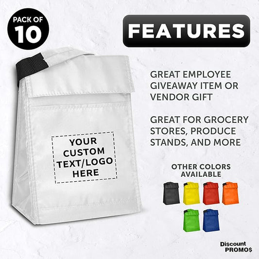 DISCOUNT PROMOS 10 Hook and Loop Insulated Lunch Bags Set - Customizable Text, Logo - Polyester, Durable, Vibrant, Reusable - White