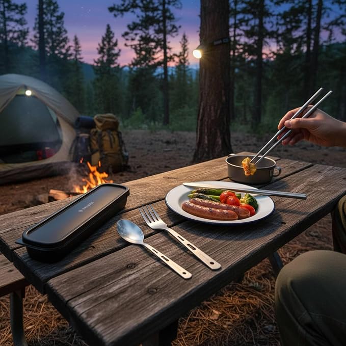 Pure Titanium Utility Cutlery Set with Case (5 Pcs) | Portable Tableware Titanium Utensil Set , Table Spoon Fork Chopsticks Knife set for Outdoor Travel Camping Backpacking