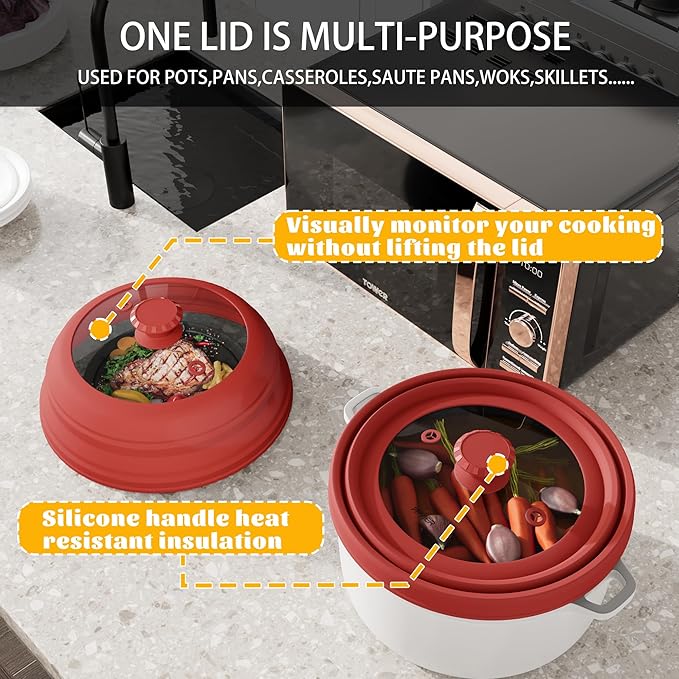Collapsible Microwave Splatter Cover - Vented Silicone & Glass Lid with Easy-Grip Handle, Fits 6 to 11 Inch Plates & Bowls, 11.8 Inch Diameter, Prevents Splatters & Ensures Even Heating