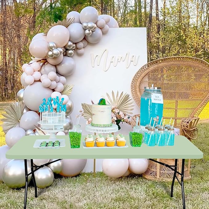 10 Pack Fitted Tablecloth for 8 Foot Rectangle Tables, Sage Green Elastic Outdoor Picnic Table Cover, Washable Stretch Folding Table Cloths 8 ft for Camping Party Patio Kitchen Banquet, 30" W x 96" L