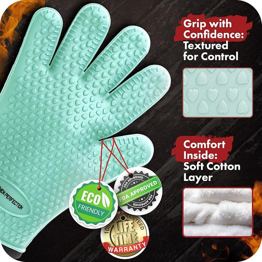 KITCHEN PERFECTION Silicone Smoker BBQ Gloves - Heat Resistant Oven Mitts | Waterproof, 5-Finger Design For A Better Grip, for Pitmasters, Meat Smoking, Grilling, Cooking, Frying Turkey | Grill Gift