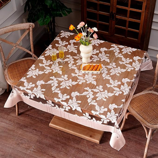 Vinyl Table Cloth Square Clear Table Cover Protector with Block Printed Pattern Oil Spill Proof Farmhouse Rustic Plastic Table Covers for Dining Tables (Scroll Grass, 55 x 55 Inches)