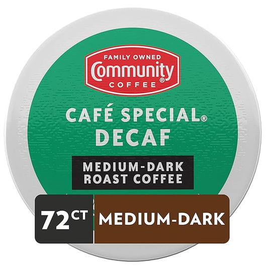Community Coffee Cafe Special Decaf 72 Count Coffee Pods, Medium Dark Roast Decaf, Compatible with Keurig 2.0 K-Cup Brewers, 12 Count (Pack of 6)