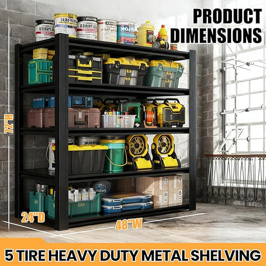 72" H Garage Shelving, Heavy Duty Storage Shelves, Garage Storage Shelves, Adjustable 5 Tier Metal Shelving Unit, Utility Shelves for Warehouse Backyard, 72" H×48" W×24" D