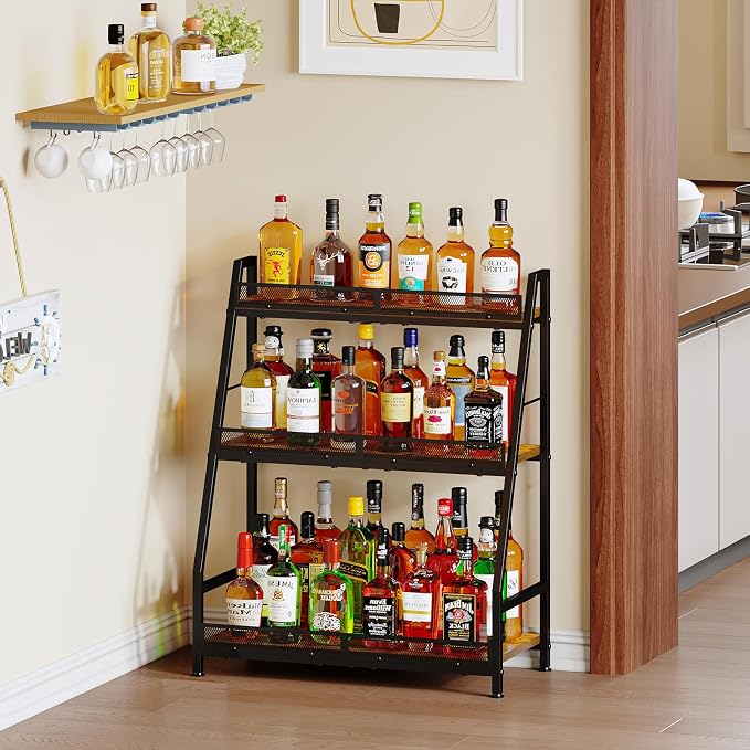 Hayexiha 3-Tier Expanded Liquor Stand, Freestanding Trapezoid Wine Rack | 40+Bottle Capacity: 24.8-inch-wide wood-and-steel stand has stepped shelves, safety fencing and adjustable feet.