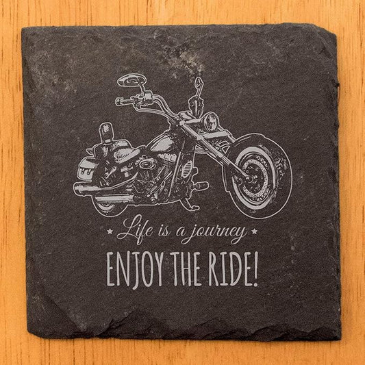 Coast in Style: Rustic Slate Coasters with Motorcycle Design - Square Slate - Set of 4