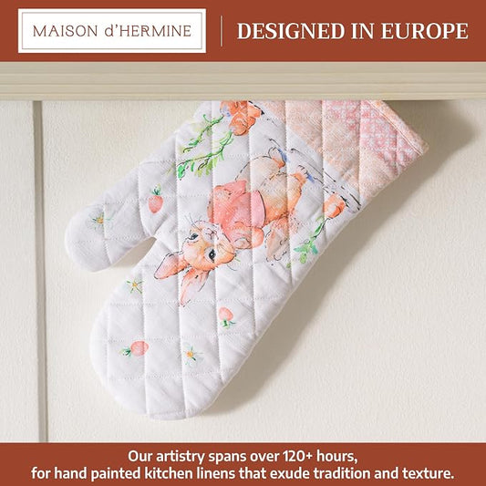 Maison d'Hermine Oven Gloves 100% Cotton Oven Mitt (7" x 13", Pack of 1) | With Loop Heat Resistant BBQ Cooking Gloves Baking Grilling Kitchen Handling Hot Pans Spring Summer - Bunny Party