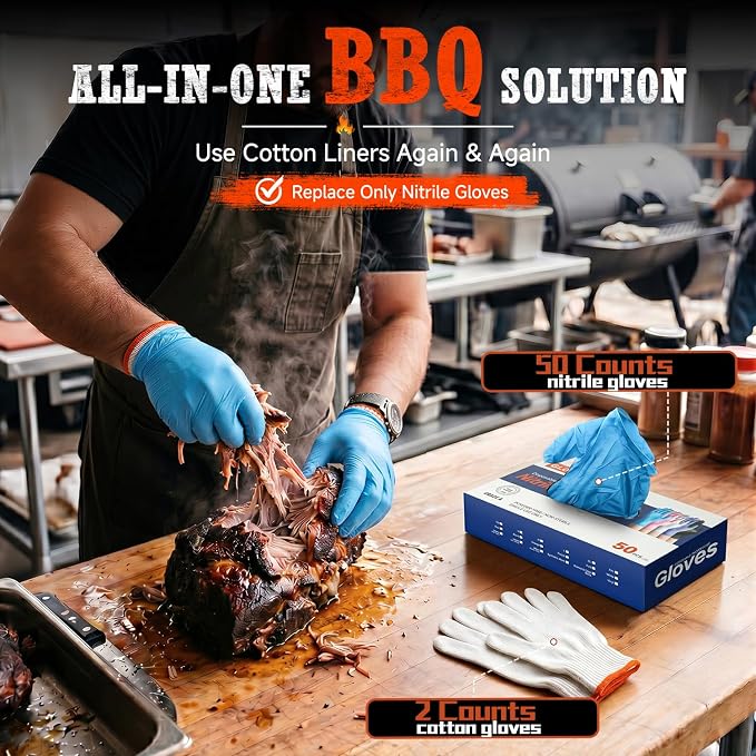ANBOSON BBQ Gloves,Disposable BBQ Gloves Heat Resistant Cooking | 50 Disposable Nitrile Gloves with 2 Reusable Cotton Liners, Powder Free, Latex Free for Smoking,Grilling,Cooking,Food Prep