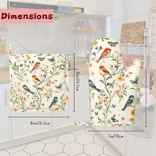 Butterfly Bird Vintage Heat-Resistant Silicone Oven Mitts and Pot Holder 4 Piece Set,Non-Slip Kitchen Oven Gloves for Baking, BBQ, Cooking,Grilling