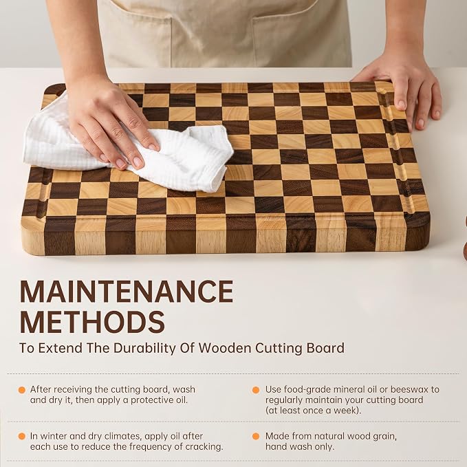 Wooden Cutting Boards for Kitchen, 1.2" Checkered Cutting Board | 17" x 12" Walnut Chopping Board with Juice Grooves & Handles, Double-sided Butcher Block for Prep & Serving with Gift Box