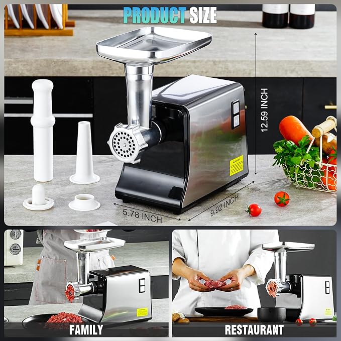 5.0 Upgrade Electric Meat Grinder,3S Grinding,Meat Grinders for Home Use-B | 【3500W Super Motor】【3 Sets 304 Stainless Steel Blade & Plate】Meat Grinder with Kubbe&Sausage Kit Perfect for Kubbe,Sausage