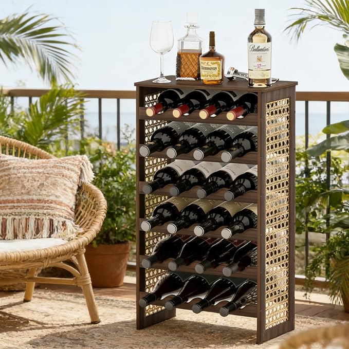24 Bottle Wine Rack Freestanding Floor, Wine Bottle Holder, Boho Pine Wood & Rattan Mesh Wave Design, for Kitchen Bar Cellar Storage, 16.5" x 9.1" x 29.5"