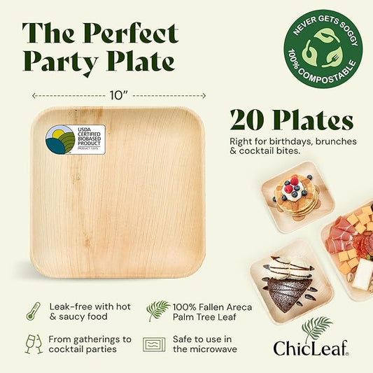 Chic Leaf Palm Leaf Disposable Bamboo Plates – Square, Biodegradable & Compostable Party Plates for Weddings, Parties & Events - Disposable Platter (10", 20 Pack)