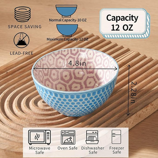 12 Oz Dessert Bowls Set of 6, 4.8 Inch Small Porcelain Ice Cream Bowls Set, Colorful Ceramic Cereal Bowls for Side Dishes, Dip, Snack, Rice, Soup, Portion, Fruits, Microwave and Dishwasher Safe