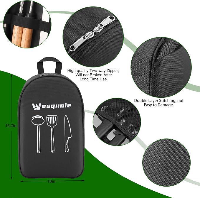 Wesqunie Silicone Cooking Utensils Set, Cookware Set for Outdoor Camping | Portable Camping Essentials, Stainless Steel Cookware Kit, Compact Storage for Camper, RV, Outdoor Picnic Grill Cooking