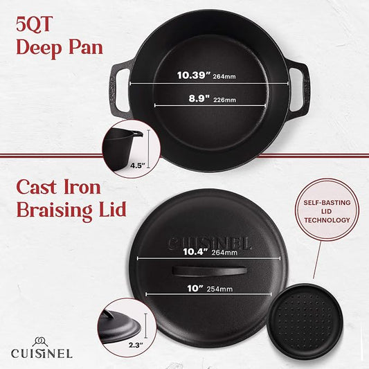 Cuisinel Cast Iron Dutch Oven - 5-Quart Deep Pot + Lid + Pan Scraper + Handle Cover Grips - Large Pre-Seasoned Cooker for Baking Bread, Soup, Frying - Indoor/Outdoor Kitchen, Camping, Fire, BBQ Safe