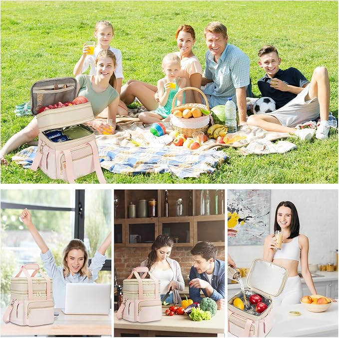 holuxer Insulated Lunch Bag & Lunch Box for Women - Double Deck Reusable Lunch Bag for men Tote Cooler Bag Leakproof Soft Expandable - Large Lunchbox for Work/Adult/Picnic/Outdoor (Pink,15L)