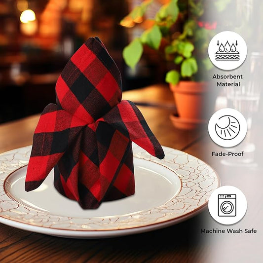 Urban Villa Cotton Dinner Napkins Set of 12, 20x20 Inche Soft Premium Cotton Napkins, Hotel Quality Highly Absorbent, Reusable & Washable Mitered Corner Table DinnerNapkins - (Red/Black, Checks)