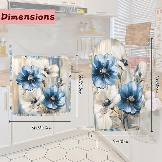 Flower Heat-Resistant Silicone Oven Mitts and Pot Holders,Flower on Marble Art Long Oven Gloves with Non-Slip Grip for Cooking, Baking, Grilling,BBQ