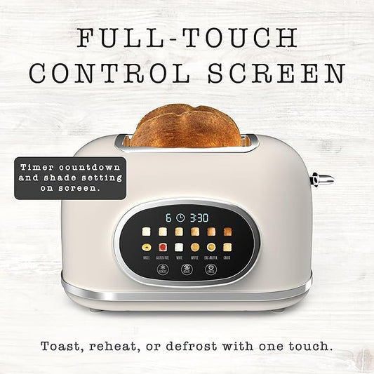 Rae Dunn Retro Digital Electric Toaster, 2 Slice Stainless Steel Toaster With Touchscreen, Countdown Timer, 6 Shade Settings, Wide Slots, High Lift Lever, Bagel, Defrost & Reheat, Cream New