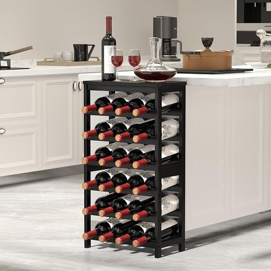 MOGELAFOO 6 Tier Bamboo Wine Rack Freestanding Floor, 24 Bottles Wine Storage Shelves with Table Top, Stackable Wine Display Rack for Kitchen, Bar, Dining Room, Black