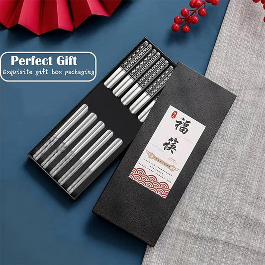 Metal Chopsticks Reusable,Stainless Steel,Dishwasher Safe,5 Pairs,Silvery | Gift Box Set,Square,Lightweight, Non-Slip,Laser Engraved Patterns No fade