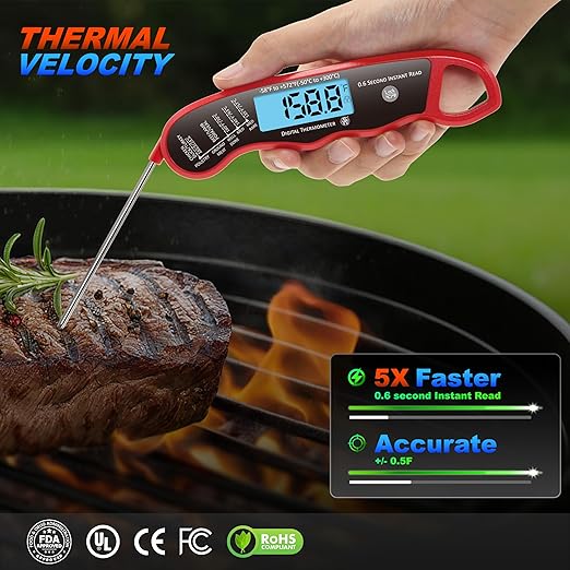 0.6S Instant Read Digital Meat Thermometer Probe/Pen,Factory‑Calibrated/Waterproof/Backlit/Magnetic/Flip Display/Motion Sensor:Outdoor BBQ, Barbecue Grilling, Smoking, Oven, Baking, Oil, Candy