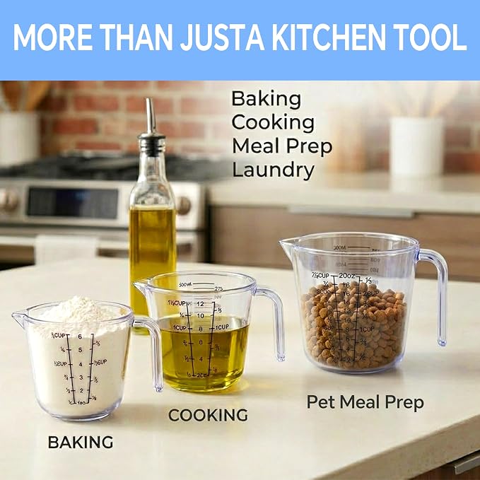 Measuring Cup Set, 3PCS Plastic Liquid Measuring Cups,Includes 150Ml, 300Ml and 600Ml, with Nozzle Handle- Baking, Cooking, Mixing & Liquid/Solid Measuring, Essential Kitchen Tools (Clear)