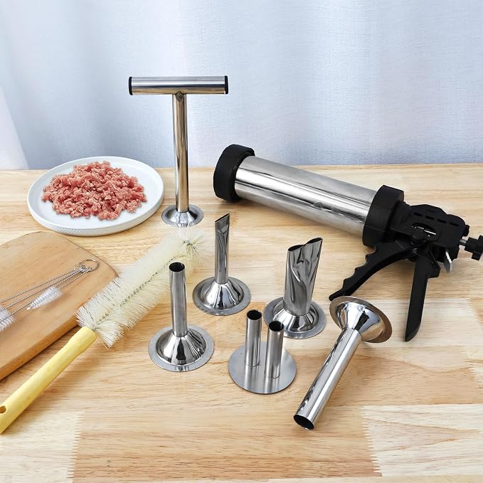 Large Capacity Jerky Gun Kit, Stainless Steel Beef Jerky Gun with 5 Nozzles, Sausage Stuffer and Jerky Maker, Includes Meat Pusher and Cleaning Brushes, Perfect for Homemade Jerky and Sausages