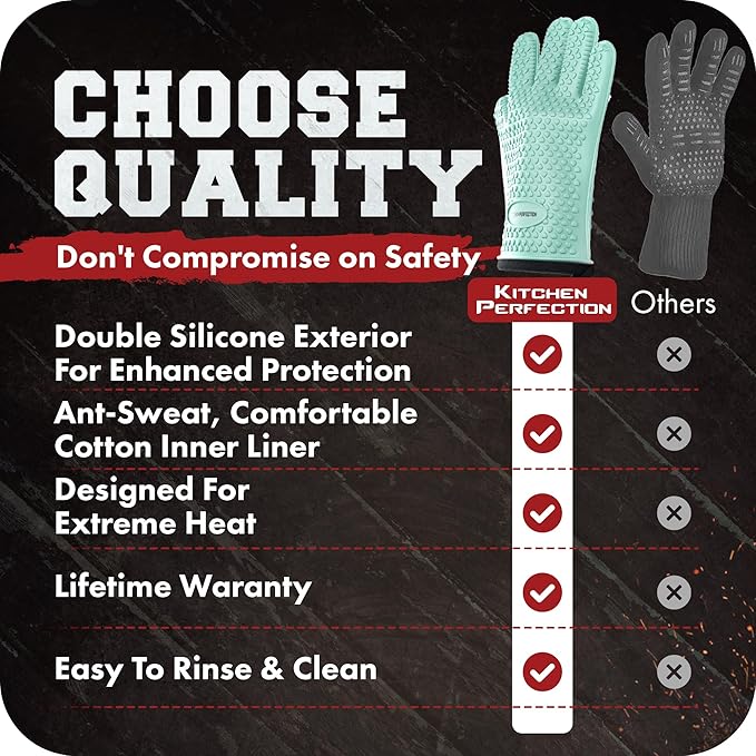 KITCHEN PERFECTION Silicone Smoker BBQ Gloves - Heat Resistant Oven Mitts | Waterproof, 5-Finger Design For A Better Grip, for Pitmasters, Meat Smoking, Grilling, Cooking, Frying Turkey | Grill Gift