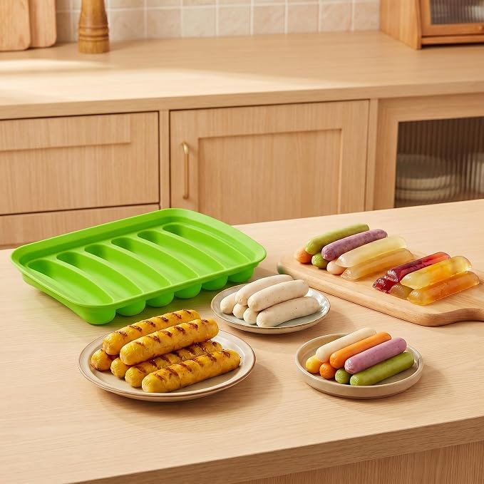 2 Pcs Silicone Sausage Mold with a Set of Silicone Brush Spatula and 25x Pastry Bags,Non-Stick Hot Dog Bun Pan,DIY Handmade Ham Sausage,Hot Dogs Baking Mold for Children's Food with Lid(Red,Green)