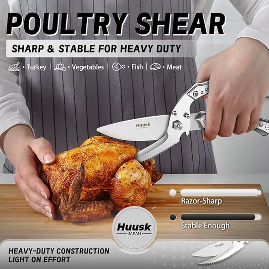 Huusk Kitchen Scissors All Purpose Poultry Shears Heavy Duty Ultral Sharp Detachable Kitchen Shears for Chicken Bone Turkey Silvery Stainless Steel Cooking Shear Thanksgiving