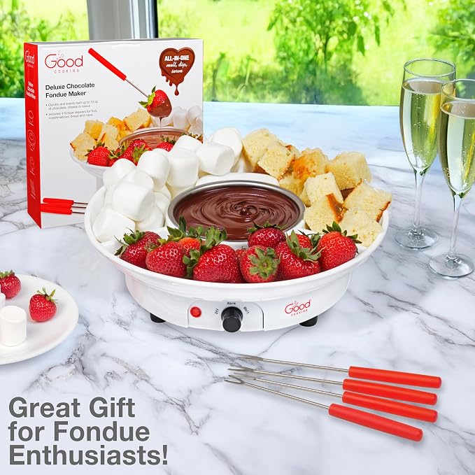 Electric Fondue Maker Set with Tray & 4 Forks for Chocolate and Cheese | 3-in-1 Chocolate Melter, Cheese Fondue Pot & Candy Warmer for Summer Parties, BBQs, Appetizers, Desserts & S’mores Setup
