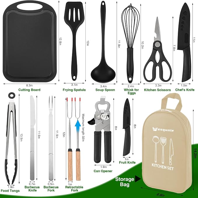 Wesqunie Camping Cooking Utensils Set, Cookware Set for Outdoor Hiking BBQ | Stainless Steel & Silicone Mess Kit, Durable Outdoor Kitchen Gear for Hiking, RV, Picnic Grill & Travel Camping Meal Prep