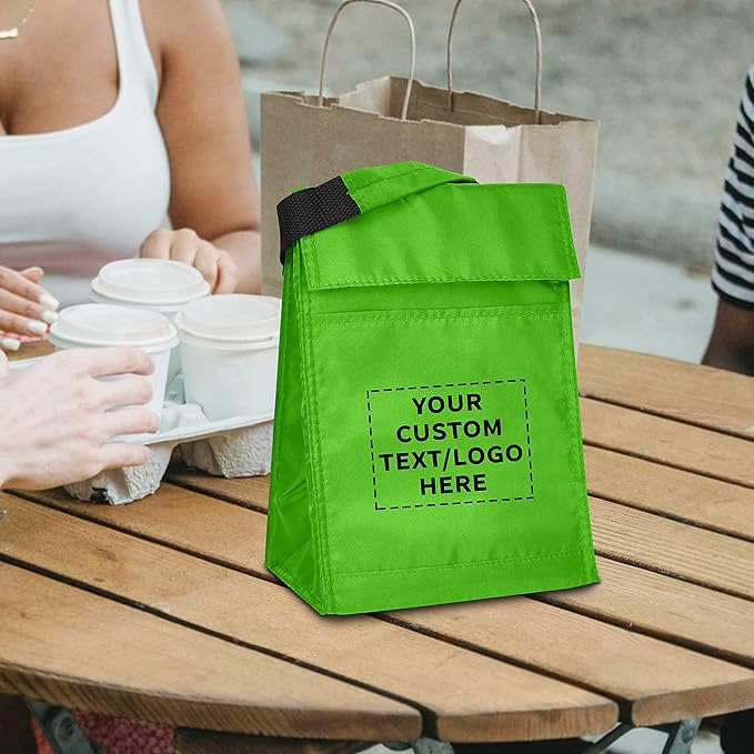 DISCOUNT PROMOS 10 Hook and Loop Insulated Lunch Bags Set - Customizable Text, Logo - Polyester, Durable, Vibrant, Reusable - Green