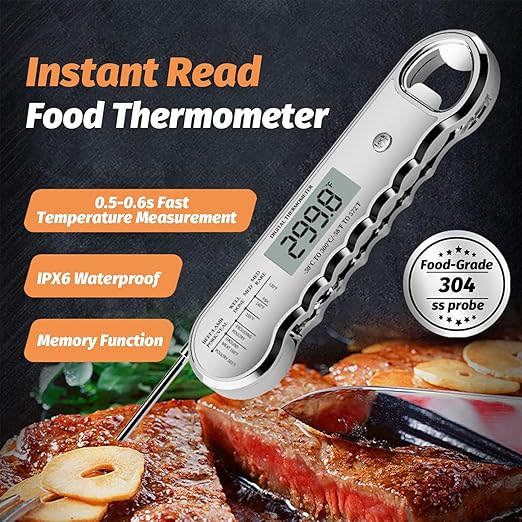 Professional Digital Meat Thermometer with Bottle Opener, Instant Read in 0.5 Sec, ±0.5℉ Accuracy, Premium Plastic Body with Vacuum Electroplating Technology,Waterproof with Auto-Rotate LED Screen