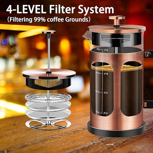 French Press Coffee Maker (34oz 1Quart 5-6Cup) Coffee Press, with 4 Filters System, Heat Resistant Thickness Borosilicate Glass, Cold Brew Coffee Tea Pot Gifts (Copper)