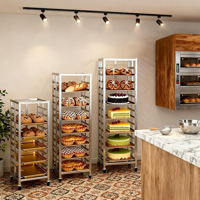 Bun Pan Rack, Commercial Bakery Sheet Rack with Brake Wheels, 10-Tier Stainless Steel Baking Tray Food cart ,for Bakeries Restaurant & Catering(Trays Not Included) (10 Tier)